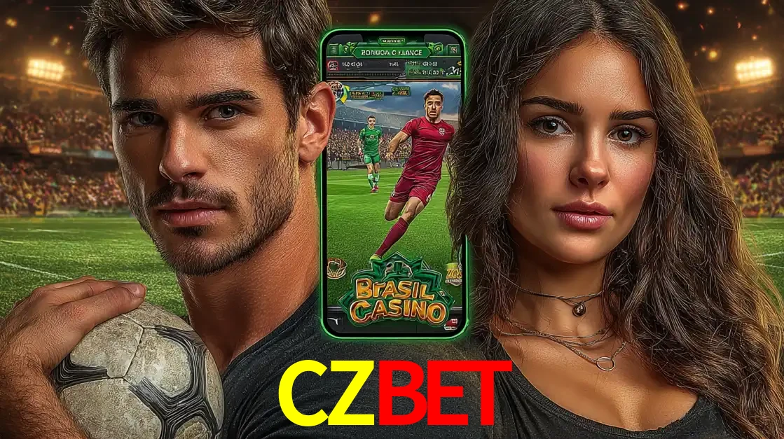 Homem segurando uma bola de futebol e uma mulher ao lado de um smartphone exibindo o jogo de apostas esportivas da CZBET. Faça seu palpite no cassino online.
